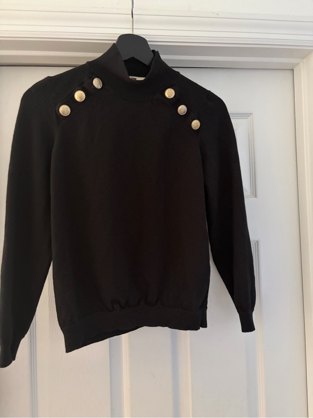Sézane Black 100% Merino Wool Gold Crest Button Mock Neck Sweater XL